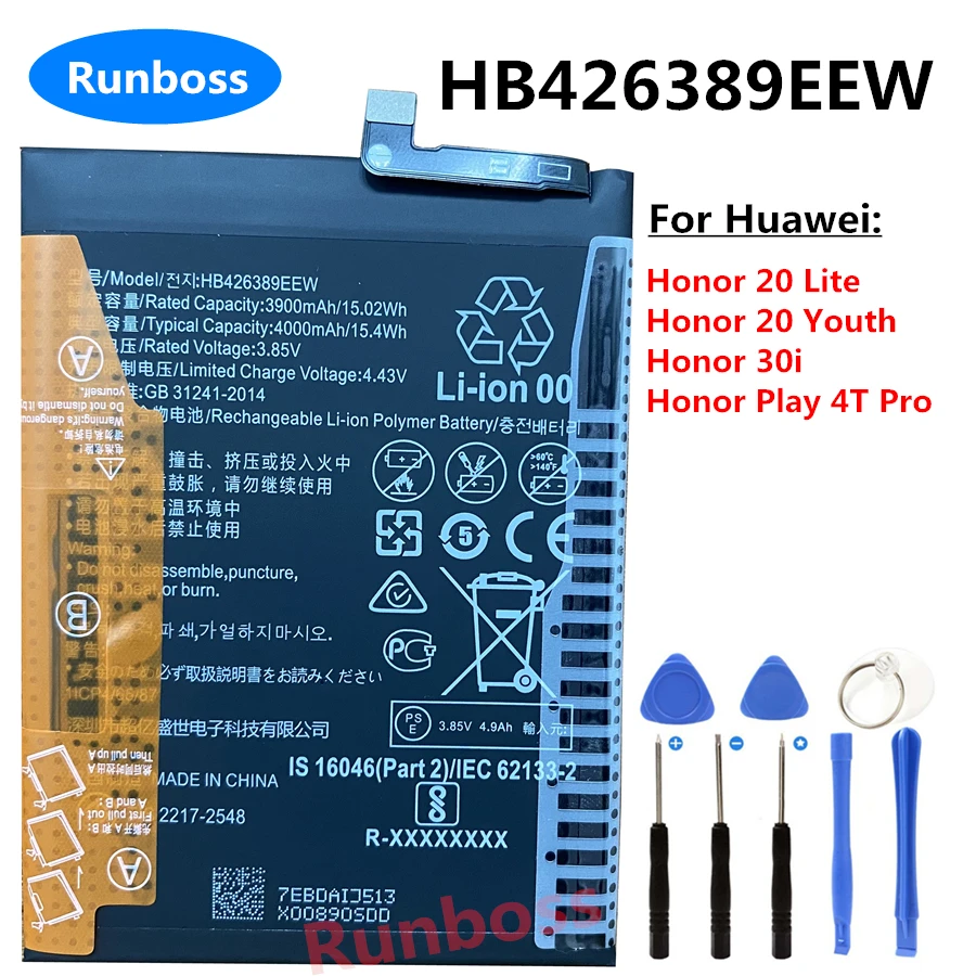 HB426389EEW 4000mAh ของแท้แบตเตอรี่โทรศัพท์สำหรับ Huawei Honor 20 Lite, Honor 20 Youth, Honor 30i, Honor Play 4T Pro, LRA-AL00 LRA-TL00