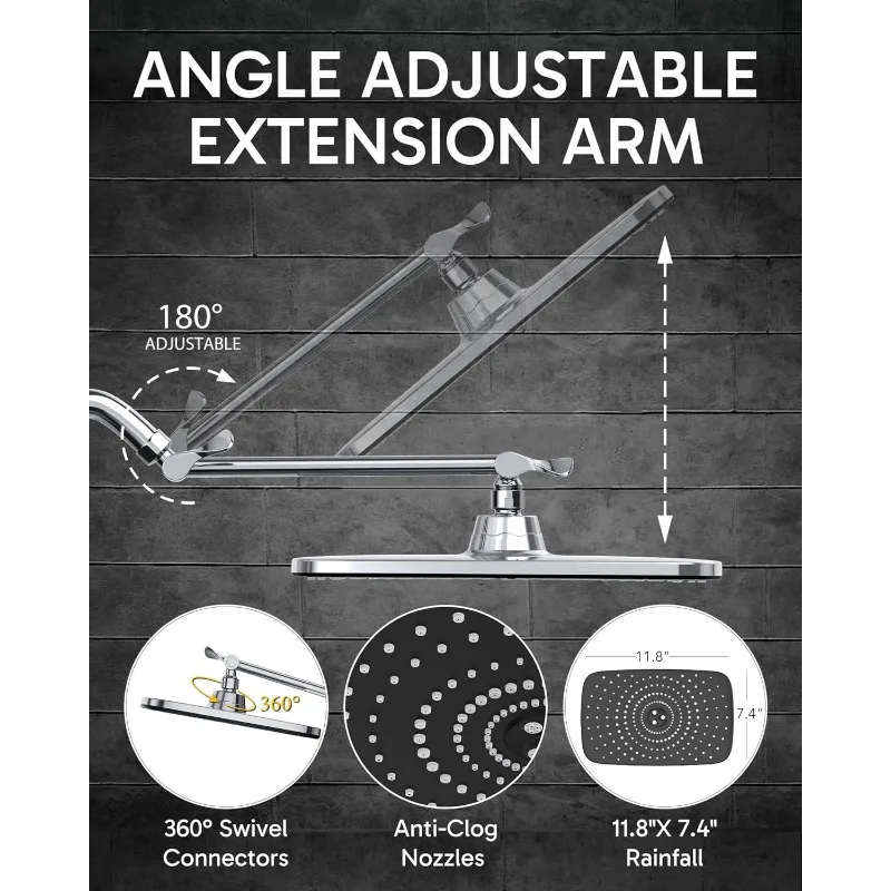 Rain Shower Head, 11.8 Inch Large Rectangular Rainfall Showerhead, Adjustable Stainless Steel 11 inch Extension Arm