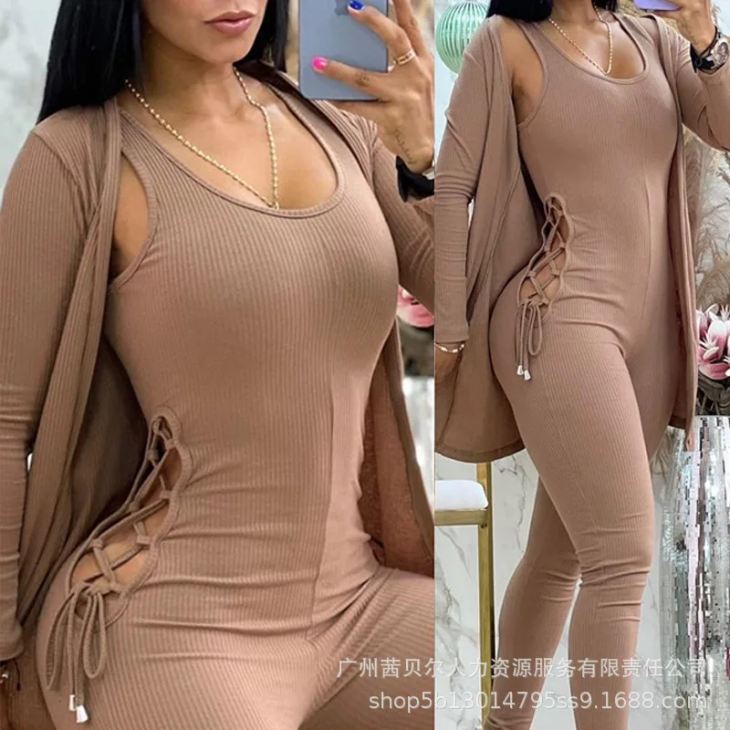 2pcs Women's Clothing Solid Color Loose Cardigan & Hollow Strap Slim Jumpsuit Pants Set