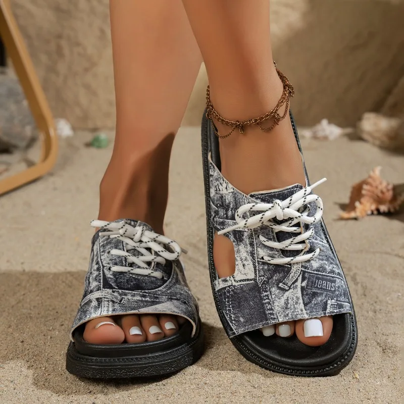 Slippers Summer New Round Toe Open Toe Denim Lace-Up Platform Versatile Flip-Flops view 2