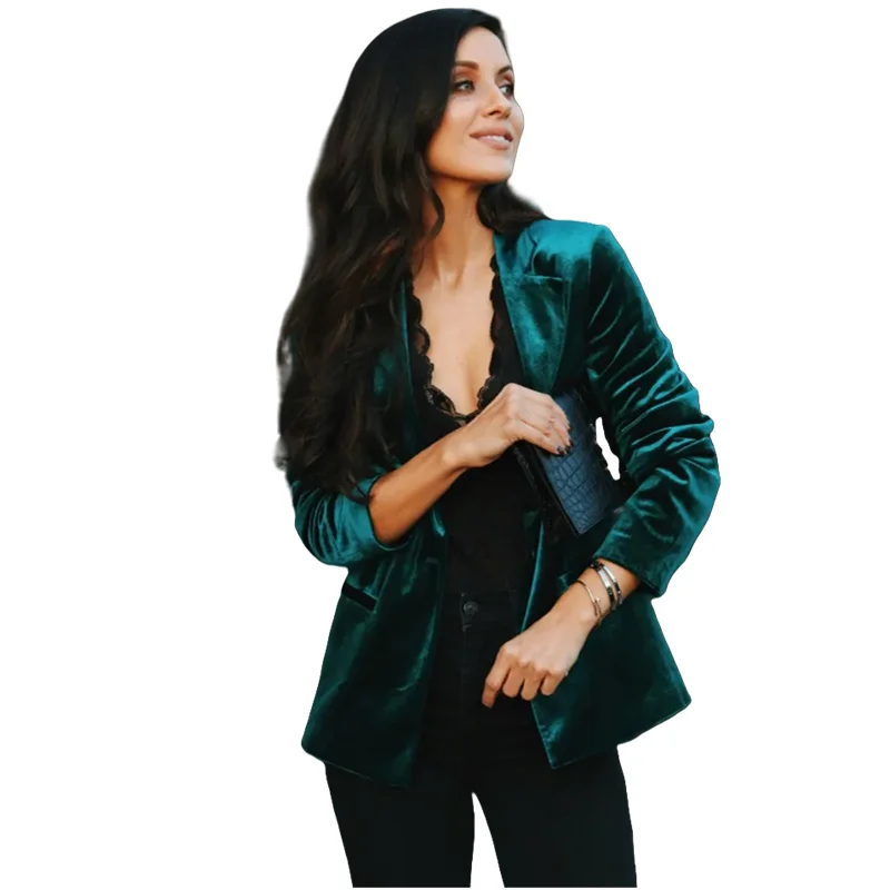 Green Velvet Suit Jacket Office Ladies Jacket Female Elegant Two Buttons Long Sleeve Party Blazer   Tops