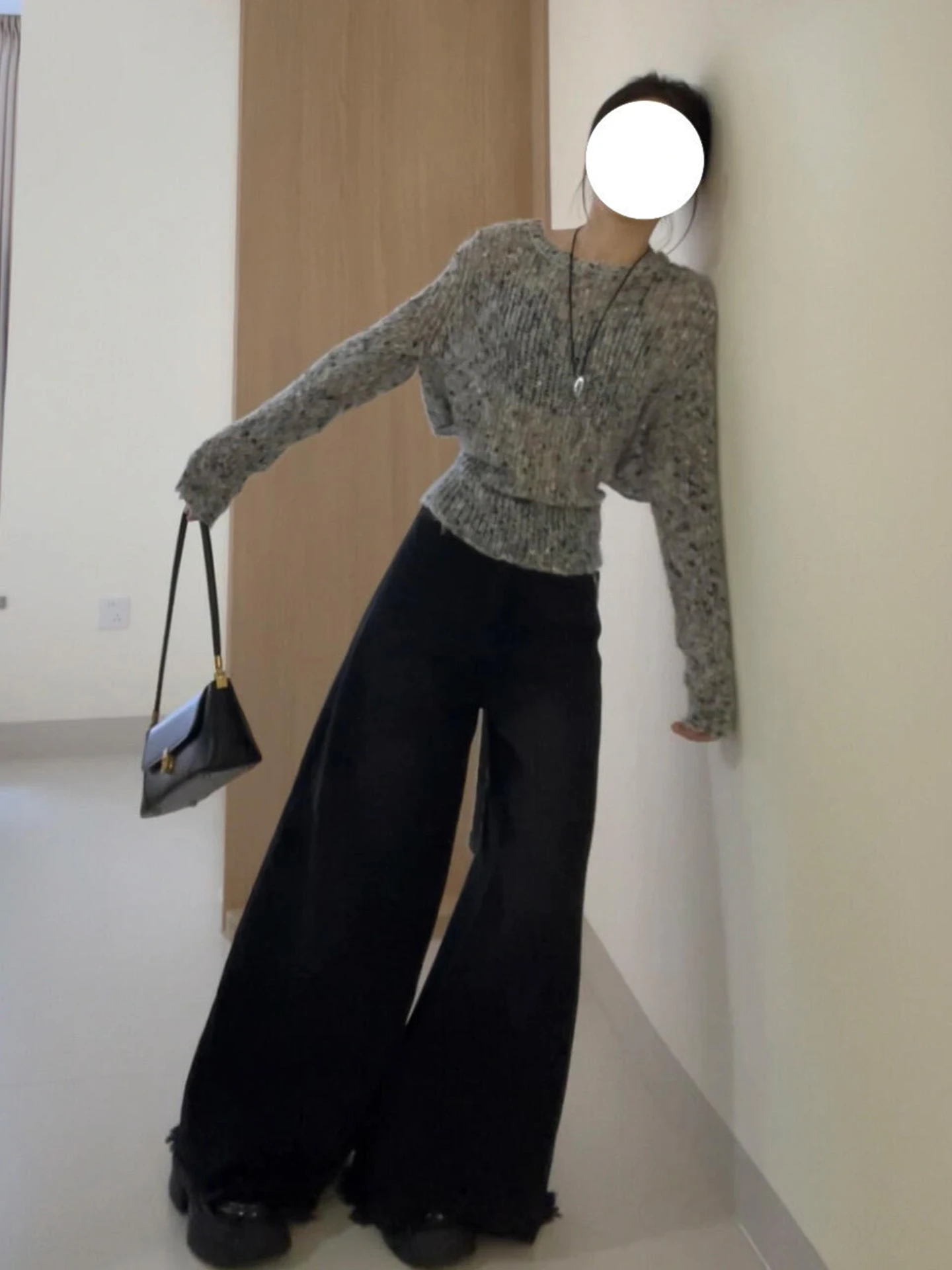 

Loose Knitted Long Sve Ba Hollow out Top And Jeans Set Women's Early Autumn Faion Casual Wear High Waist ort Pants