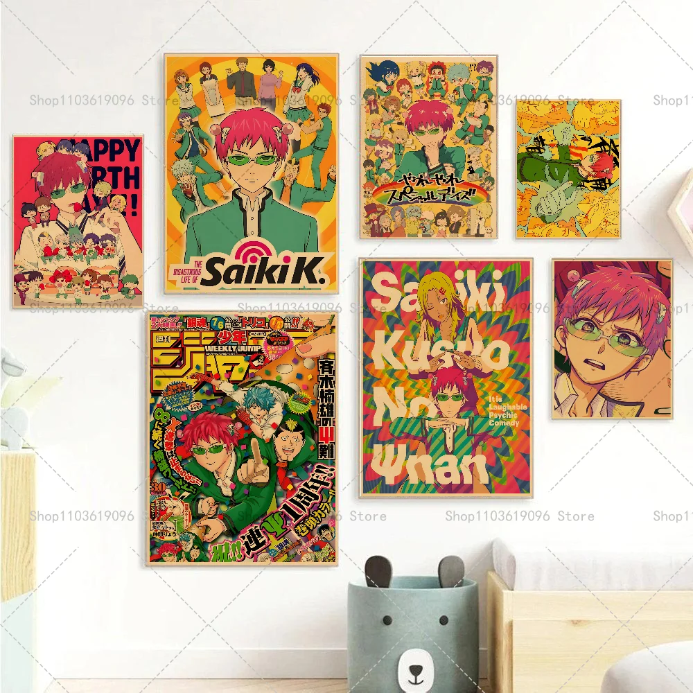 Saiki K Wall Vintage Anime Characters Poster Self-adhesive Art Waterproof Paper Sticker Coffee House Bar Room Wall Decor