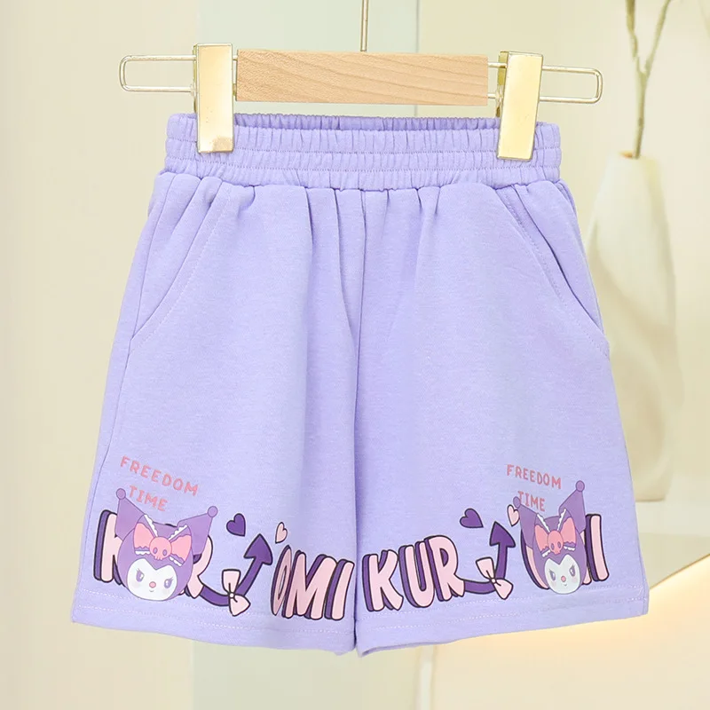 Sanrio New Girls estate manica corta t-shirt mezza manica pantaloncini borsa Set moda per bambini Casual cotone Kuromi abbigliamento