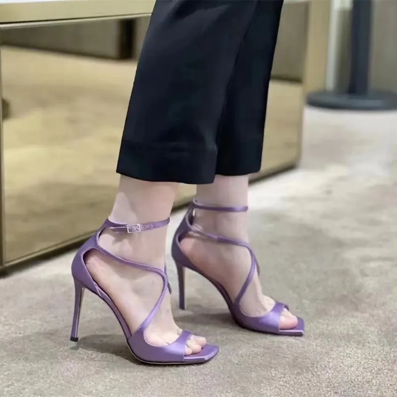 Star style Purple Satin Women Sandals Sexy Narrow Band Ankle Strap Stiletto High heels Gladiator Sandalias Summer Banquet Shoes