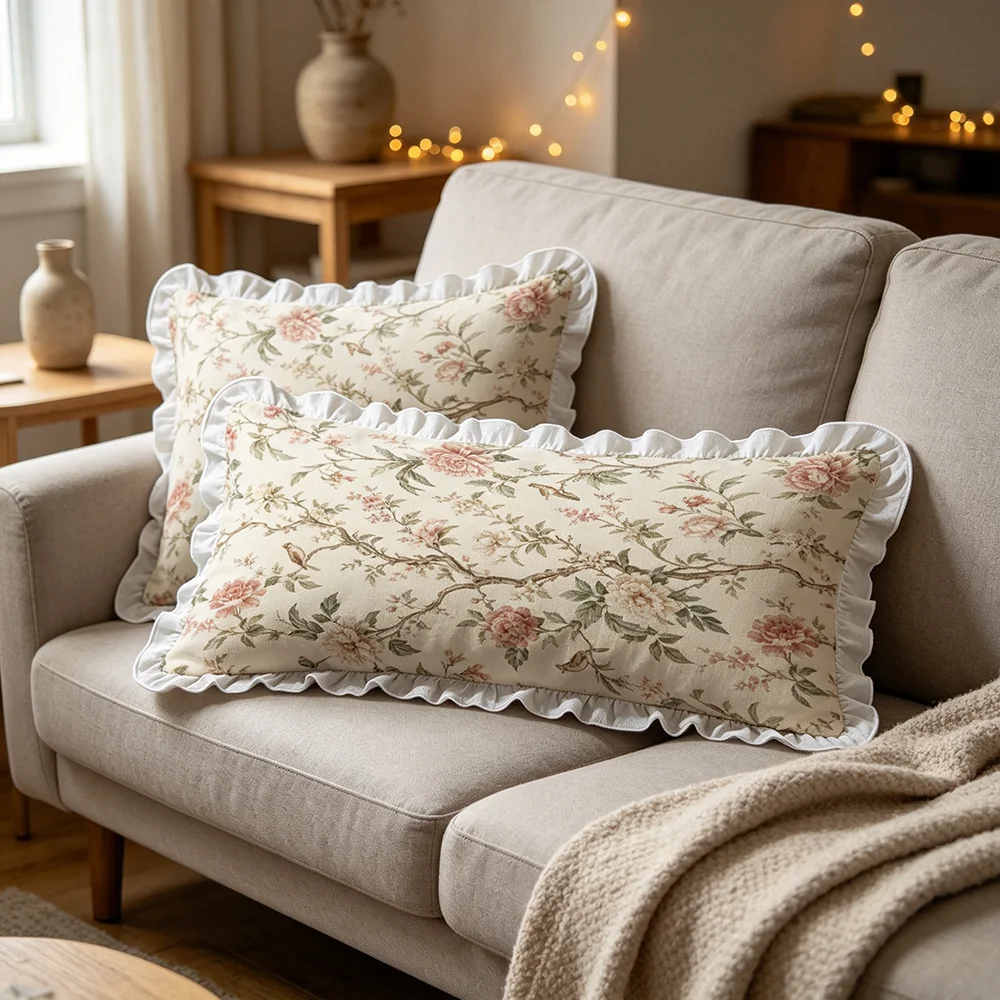 Pink Peony Bird Print Long Lumbar Pillow Cover, Vintage Chinese, Bedroom Living Room Sofa Bed Decor, Polyester, Home Decor
