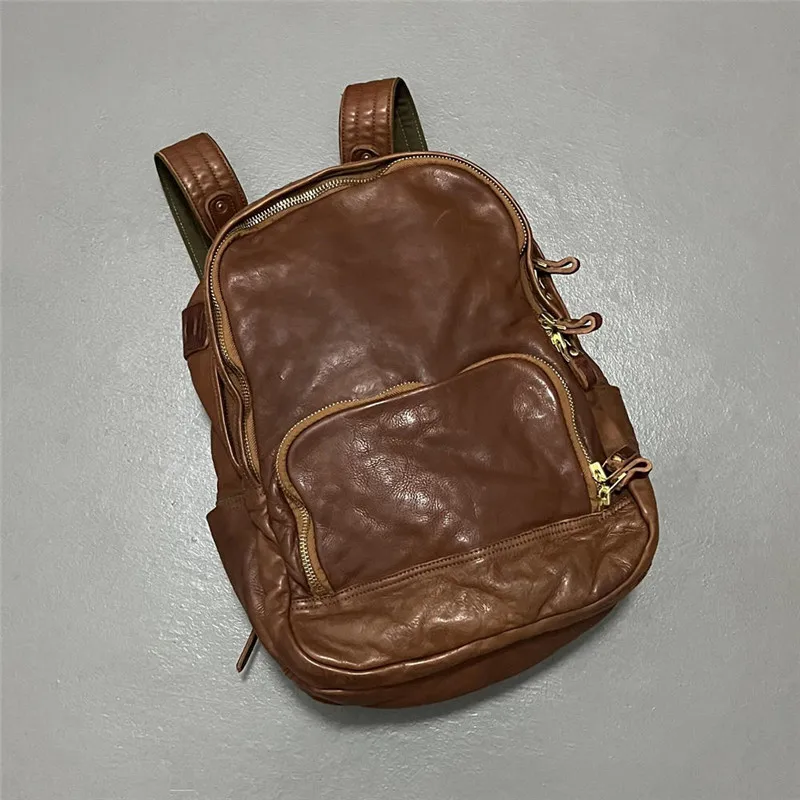 Vintage Luxury Genuine Leather Large Capacity Men's Backpacks Outdoor Daily Travel Handmade Soft Real Cowhide Laptop Schoolbags