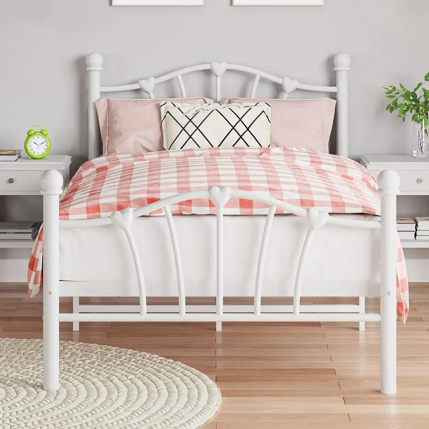 Twin Bed Frame for Kids Twin Bed Frame with Heart Shaped Headboard and Tailboard Heavy Metal Slat Support Noiseless White