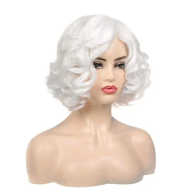 Women Wig Short White Wavy Curly Synthetic Hair Party