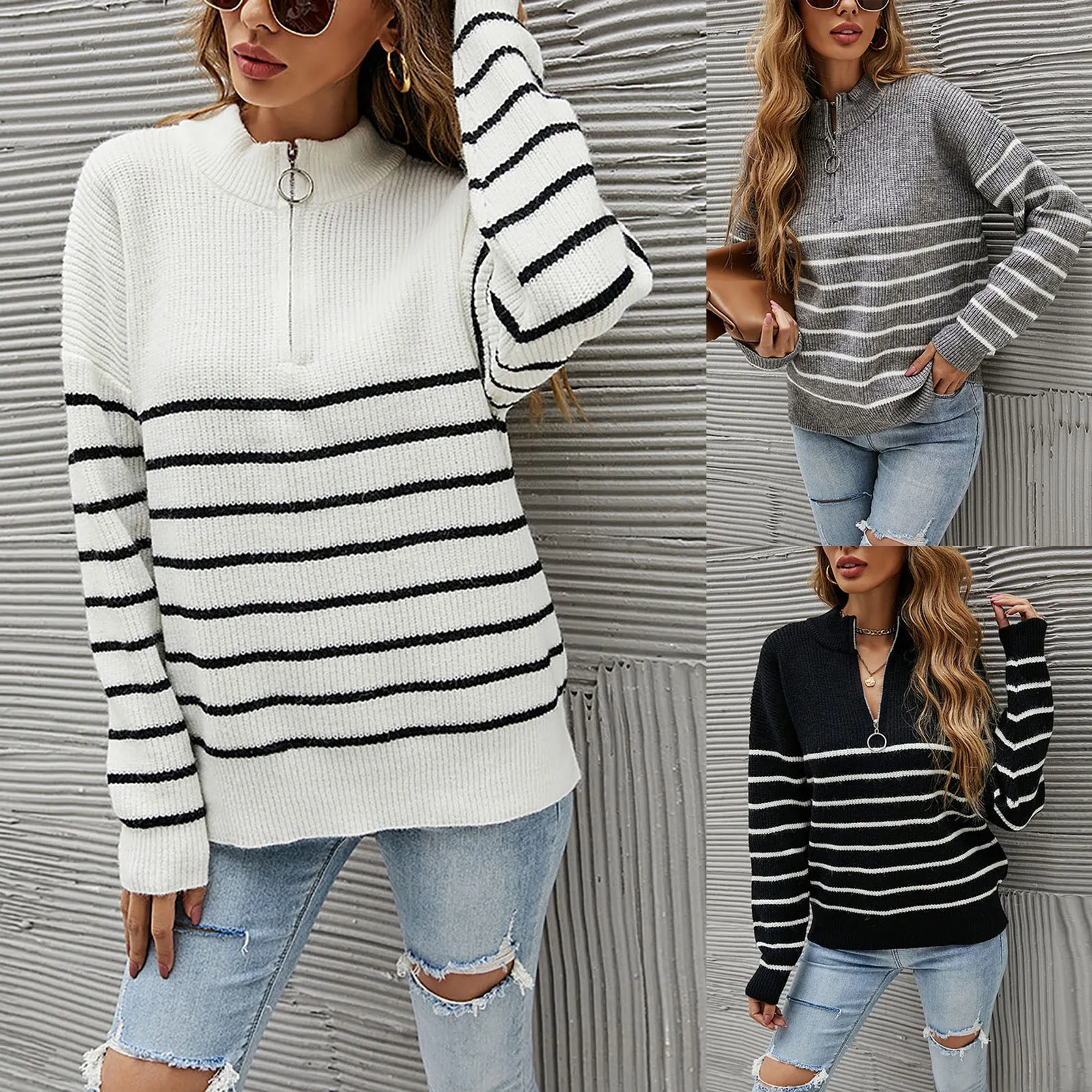 2024 new winter Women\'s Fashion knitted sweatershirts Half Turtleneck Chest Zipper Striped long sleeves Pullover Sweater