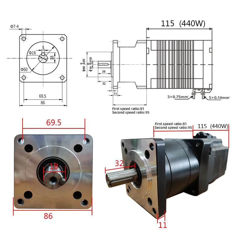 DC Deceleration Brushless Motor Low Noise and Low Speed 48V 440W Planetary Gearbox High Torque Reducer Kits