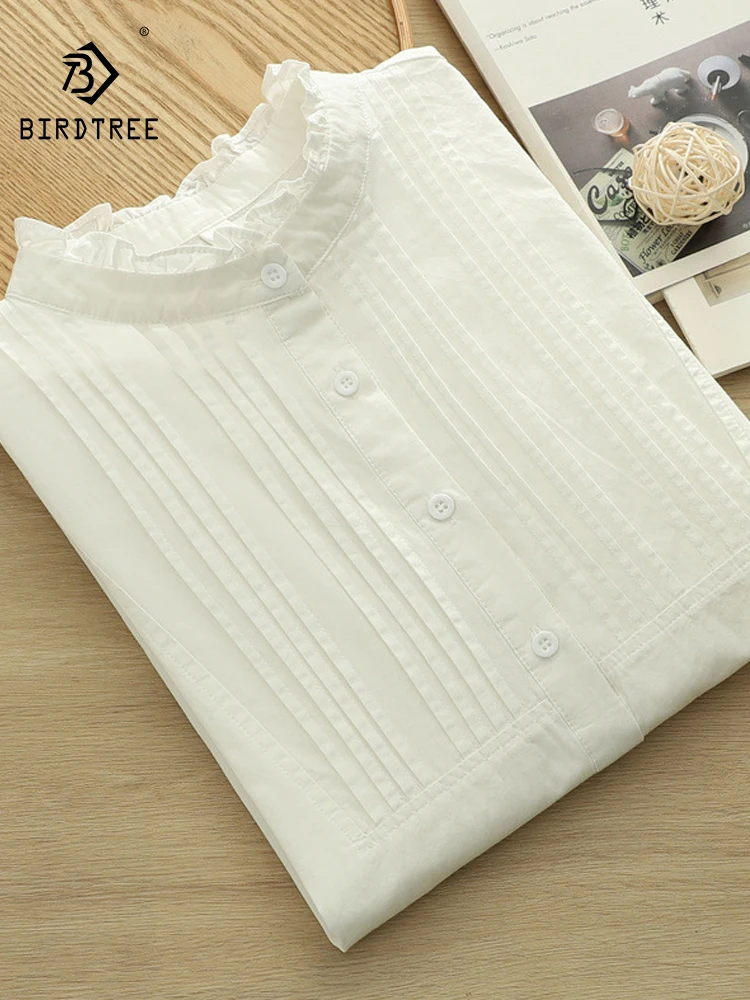 Neue 2025, Herbst Baumwolle Langarm Shirt, Frauen Stehen Falten Rüschen, Mori Mädchen Mode Lässig Lose Bluse T59821CC