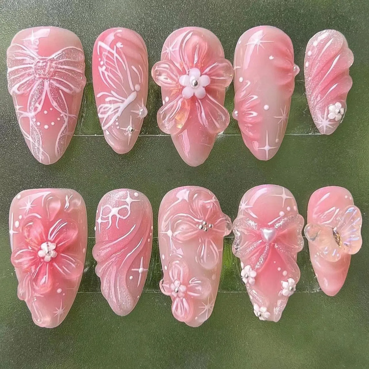 

24Pcs Mid-length Almond False Nails Pink Smudge 3D Butterfly Flower Bow Fake Nails Press on Pearl Wearable Full Cover Nails Tips