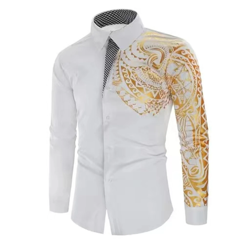 Popular men's shirt luxury gold high-end long-sleeved shirt business dress prom social printed shirt 6XL