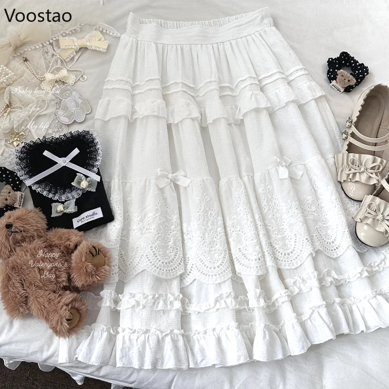 Mori Girl Style Lolita Midi Skirt Women Vintage Embroidery Lace Floral Bow Ruffles Long Skirts Female Prairie Chic Party Skirt