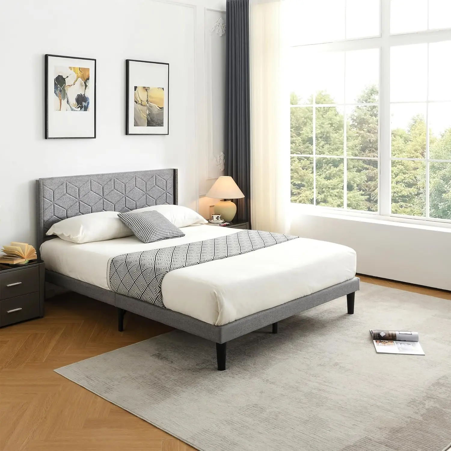 

Queen Size Platform Bed Frame with Fabric Upholstered Headboard and Strong Wooden Slats Support,Mattress Foundation