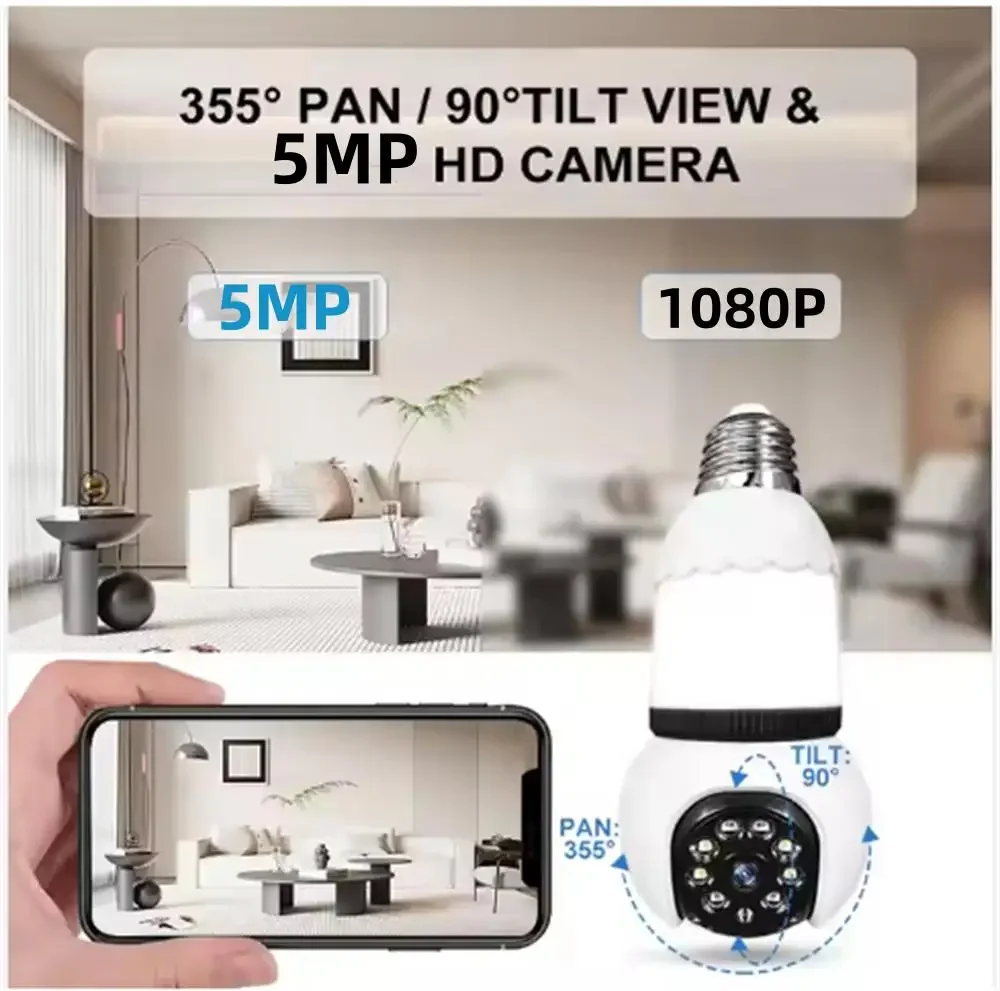 5MP 4K WIFI Wireless Monitor Camera Surveilance with LED Bulb HD Night Vision Full Colour Camera Smart AI Tracking Two-way Audio