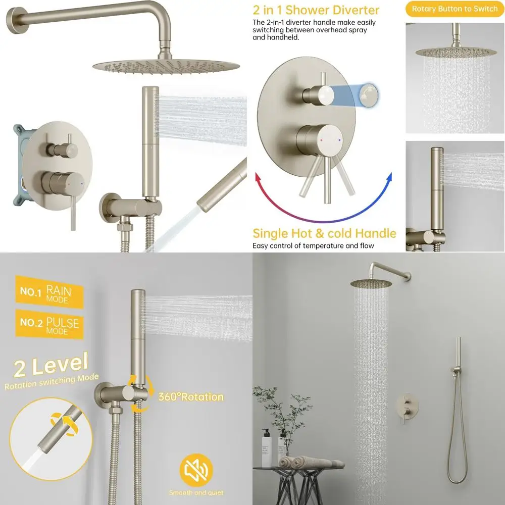 

High-Pressure Rainfall Shower System with 10 Inch Round Showerhead and Handheld, Wall-Mounted Fixture for Enhanced Shower Experi