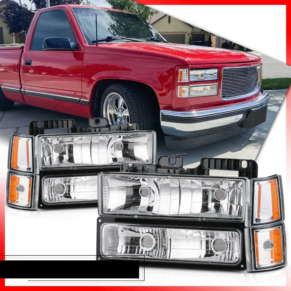 

8PC[HEADLIGHT+BUMPER CORNER LAMP]Chrome Housing for 1994-2000 GMC C/K C10 Pickup