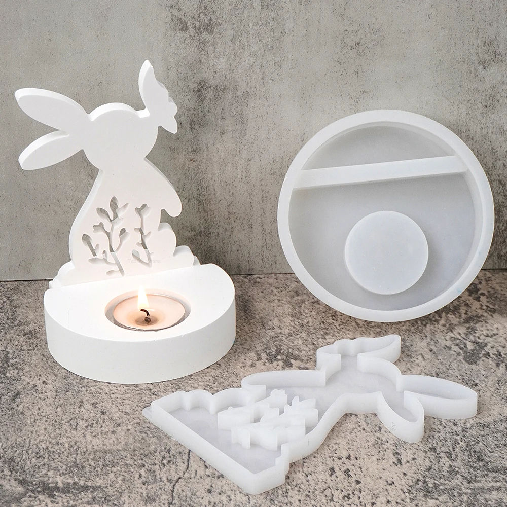 DIY Rabbit Kiss Butterfly Candle Holder Mold Easter Bunny Silicone Molds Plaster Concrete Resin Candlestick Making Home Decor