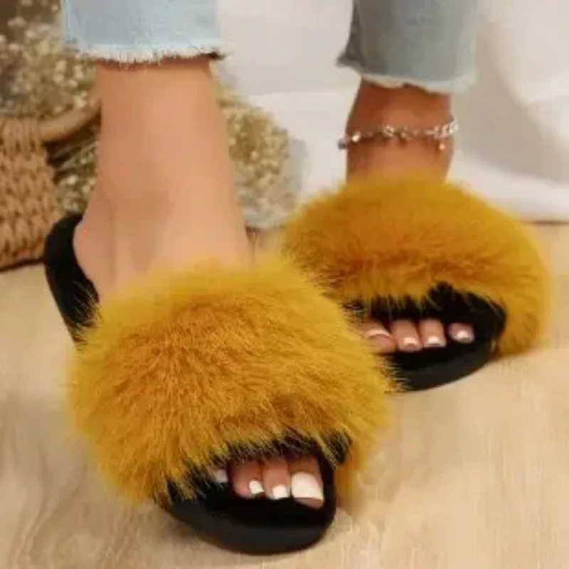 Warm Plush Slippers Women Slides Flat Heels Fluffy Fur Solid Color Women Shoes Low Heels Platform Fur Slippers Shoes Zapatos