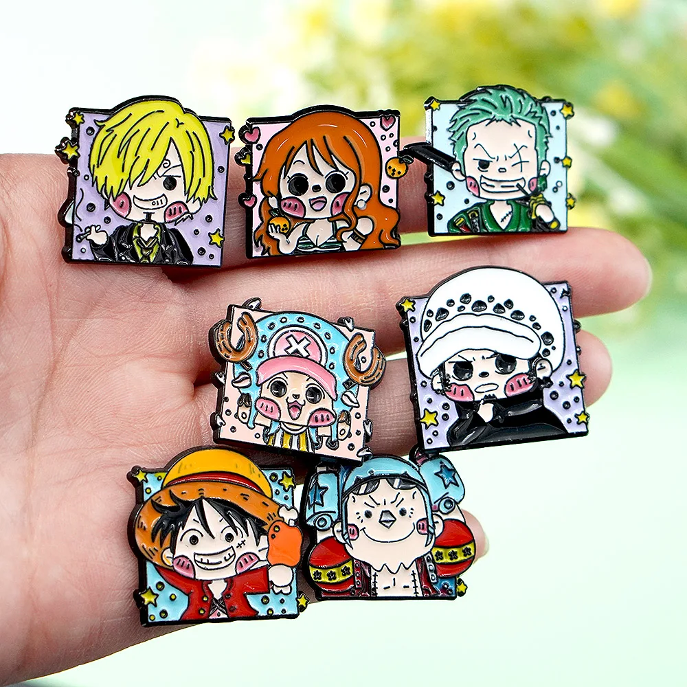 7Pcs One Piece Enamel Pins Set, Cute Q Version Luffy Zoro Nami Law Franky Chopper Brooches for Backpack Fans Gifts - view 4