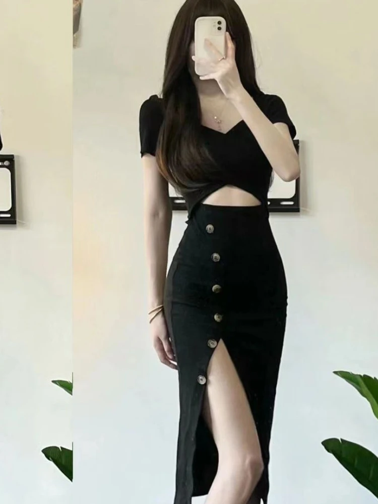 Schwarzes Kleid Frauen unregelmäßigen Schlitz Hotsweet Sommer aushöhlen elegante Bodycon Party Mode Streetwear täglichen All-Match-Urlaub