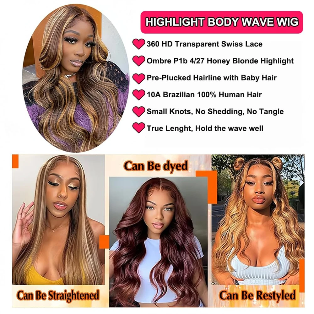 P4/27 Highlight Body Wave Lace Frontal Wigs Colored Ombre Wigs Human Hair 13X4 Lace Front Human Hair Wigs For Women 30 32 Inch