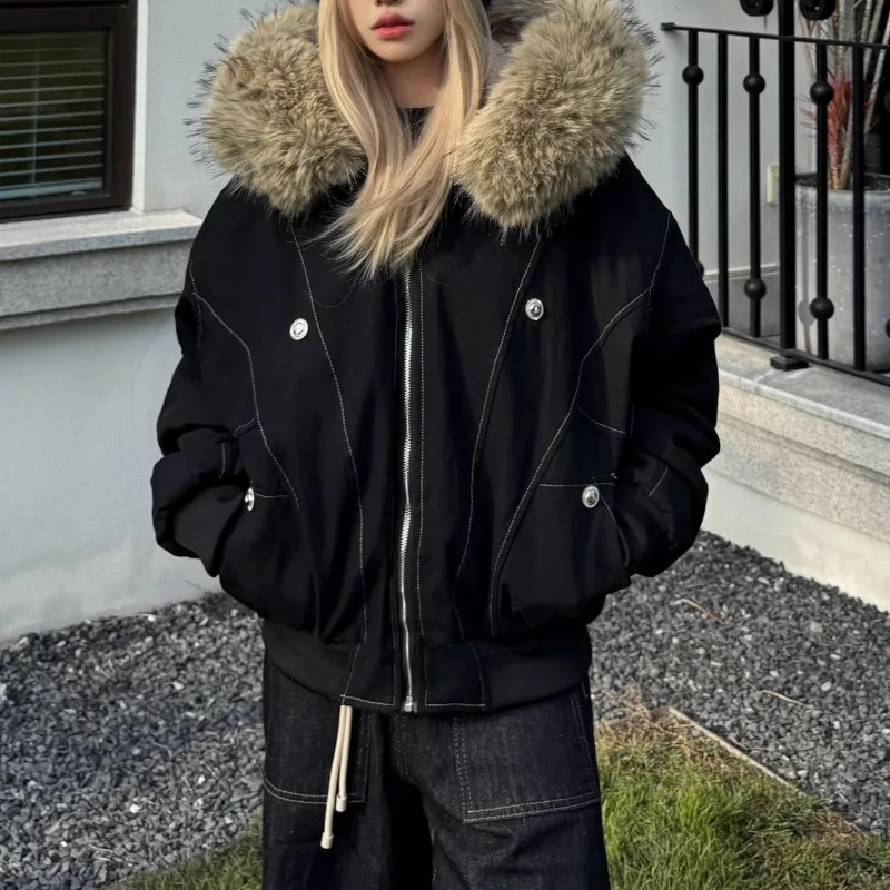 Winter Plush Warm Sweatshirts Men Women Retro Simple Zipper Coat Sportswear American Loose Hooded Cotton Punk Fur Collar Jacket
