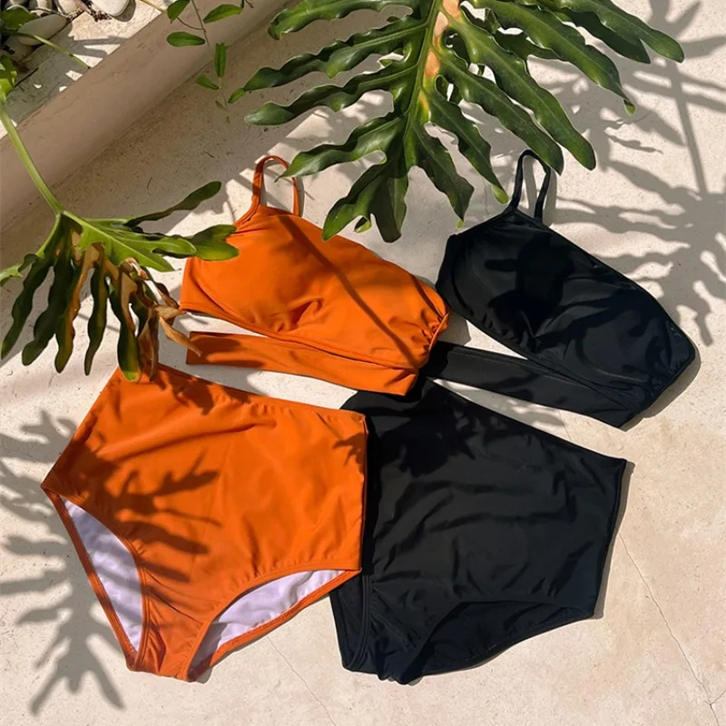 Sexy Korean Bikinis Orange Black Two Pieces Swimsuit Women One Shoulder Swimwear Beach Wear Bathing Suit Pool Bather 2024