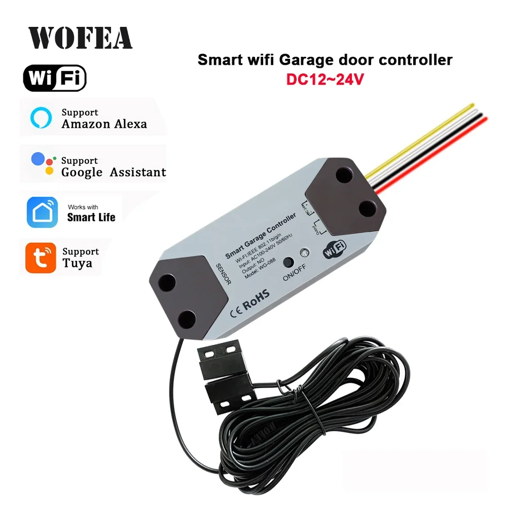 Wofea WiFi Smart Garage Door Opener Controller DC12 DC24V Wrok with Alexa and Google Home 2.4G APP NO Need Gateway