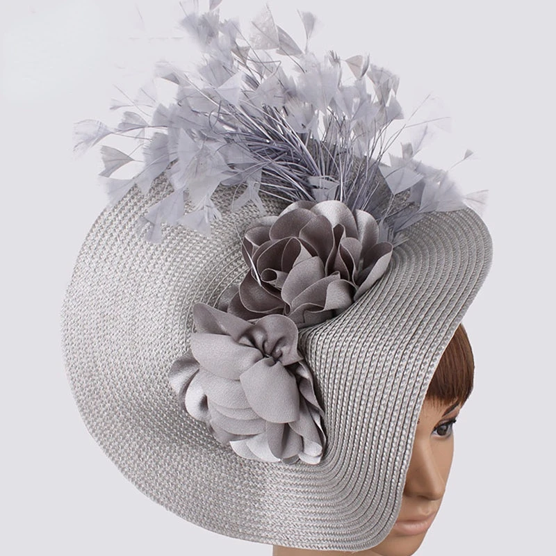 New Fashion Big Derby Fascinator Hat For Wedding Women White Flower Headpiece Headband Fancy Feather Race chapeau mariage femme