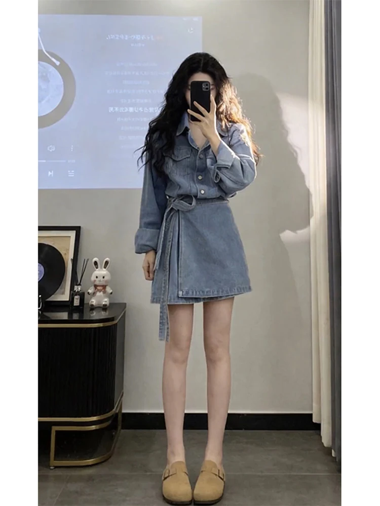 

Retro Hong Kong Sle Denim Dr Belted Slimming Versatile Spring Autumn Casual Faion Women's High Waist Button up Skirt