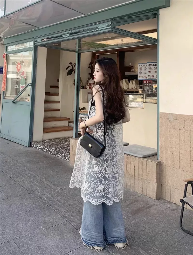 فستان صيفي بدون أكمام من الدانتيل الأورجانزا الشفاف بفتحة عالية للنساء بيج وأسود شفاف فستان ميدي أنيق بدون أكمام بوهو