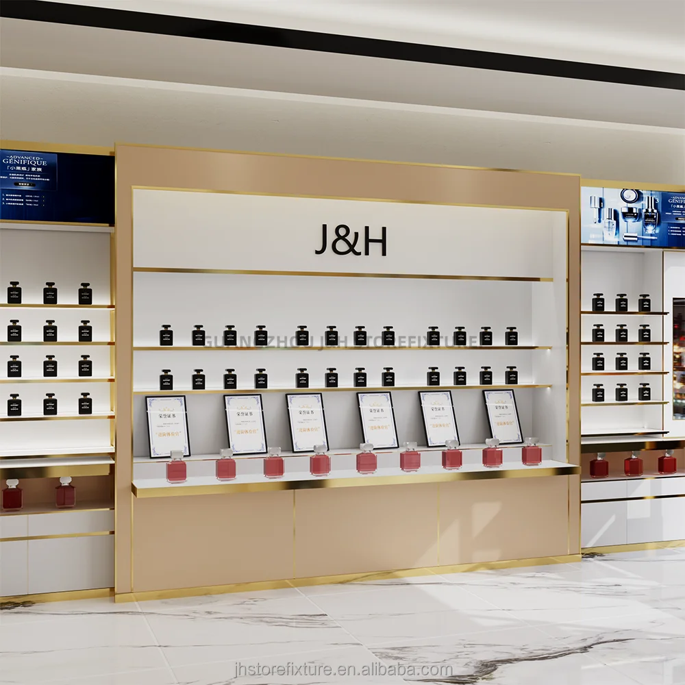 ชั้นวางสินค้าสำหรับร้านเครื่องสำอาง ชั้นวางติดผนังสำหรับร้านค้าปลีกเครื่องสำอาง ชั้นวางแบบกำหนดเองพร้อมกล่องไฟ ตู้โชว์สินค้าสำหรับร้านเสริมสวย