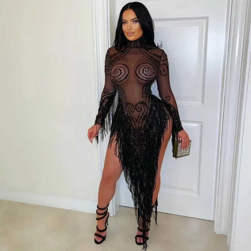 KEXU New Round Neck Polyester Mesh Splicing Beads Tassel Perspective Hot Stamping Dress Irregular Sheer Maxi Party Dress