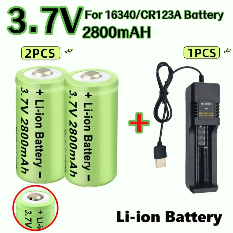 

2800mAh Rechargeable 3.7V Li-ion 16340 Batteries CR123A Battery for LED Flashlight Travel USB Charger 16340 CR123A Battery