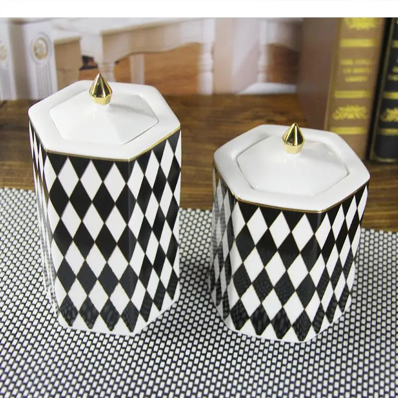 Ceramic Jar Storage with Cover Geometry Black White Grid Candy Food Box Organize Container Vase