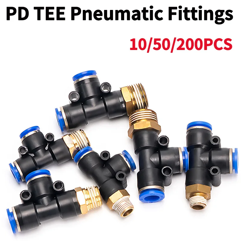 PD Type Pneumatic Connector:T-Shaped Tee Air Fitting for 4-12mm Hose Tubes,1/4