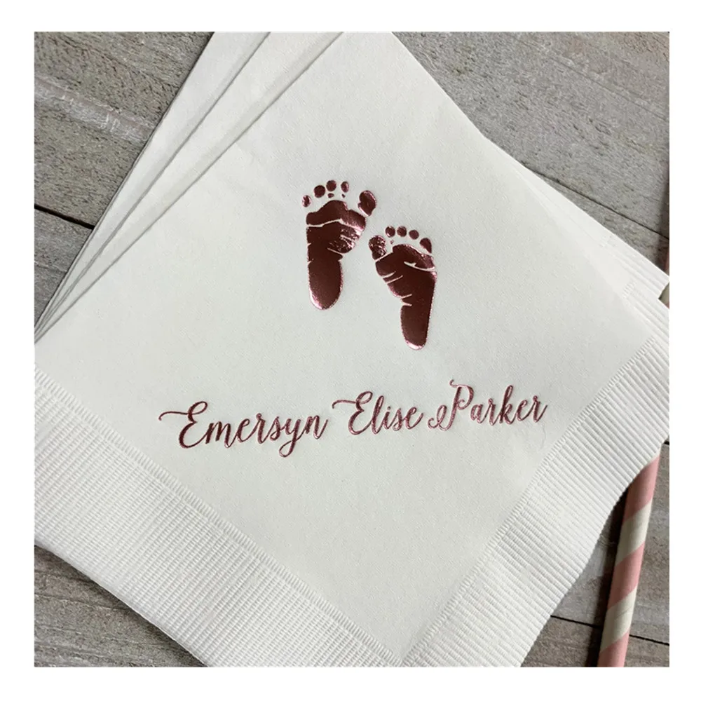 

50PCS Personalized Napkins Beverage & Luncheon Size Available Napkins Baby Shower Custom Monogram Baby Feet Footprints