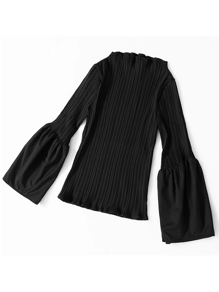 [EAM] Women Black Pleated Stitch Big Size T-shirt New Round Neck Long Flare Sleeve  Fashion Tide  Spring Autumn 2024 1DD0022