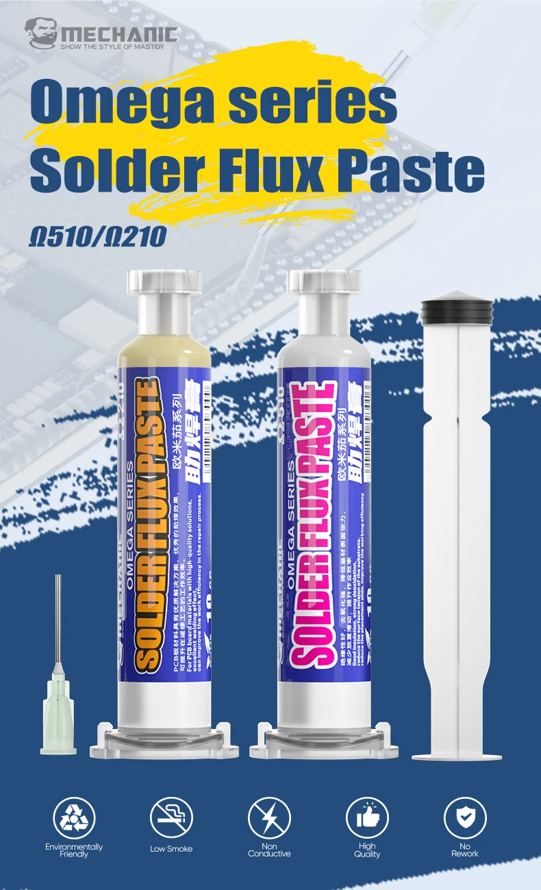 MECHANIC Ω210 Ω510 10cc No-Clean Solder Flux Paste 75°C Low Smoke Non-Conductive for BGA SMD PCB IC Chip Soldering Rework Repair