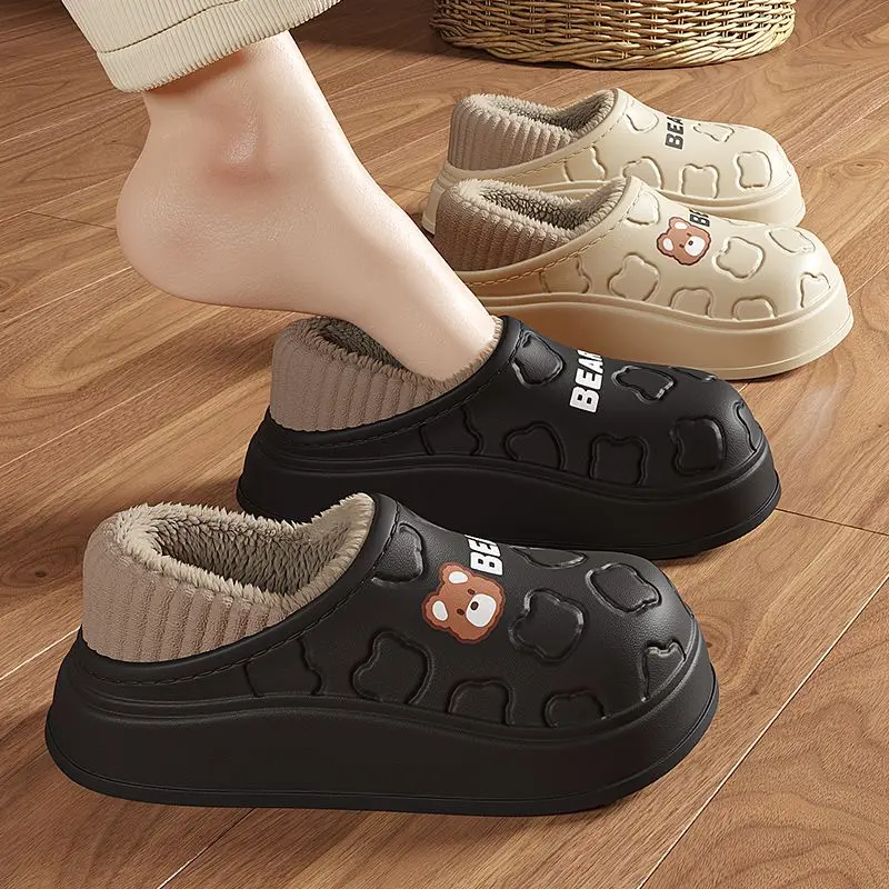 

Waterproof Cotton Slippers for Women Men Winter Outdoor Indoor Home Plush Warm Thick Sole Anti slip Cotton Shoes for Couple