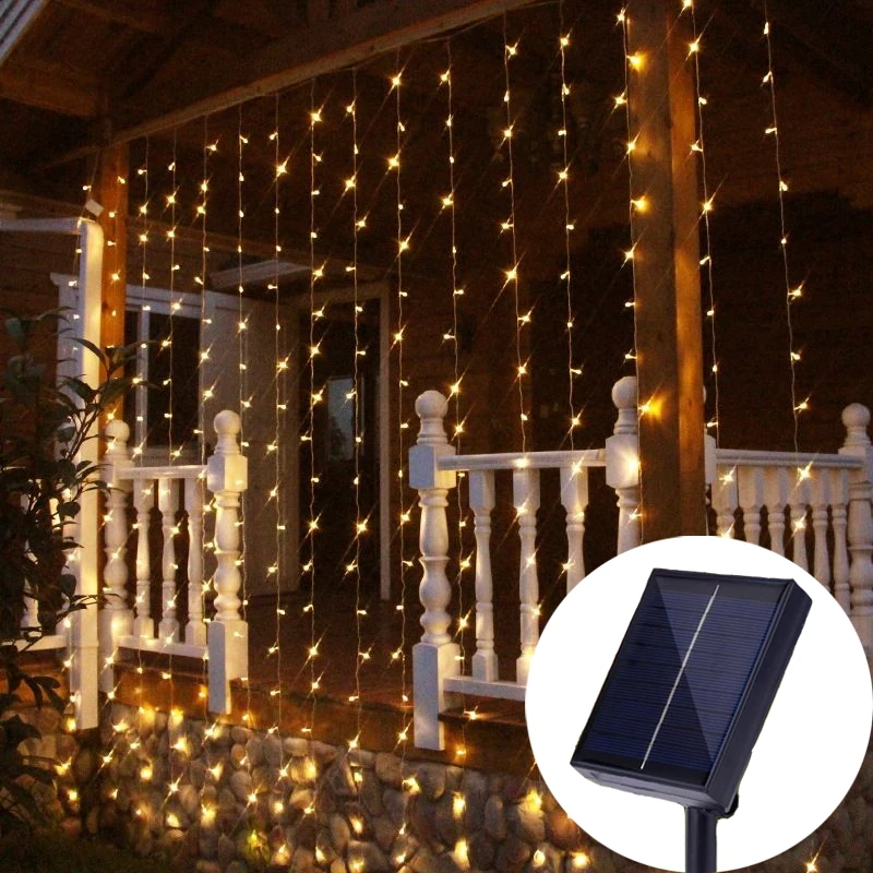 

1pc Solar Curtain Light LED 300leds Outdoor Wedding Christmas Decoration String Lights Yard Festival Fairy Garland String Lights