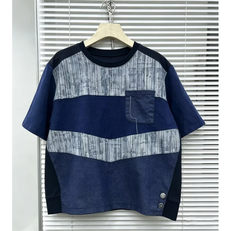 Loose Casual round Neck Short Sleeve Women's T-shirt Summer 2026 New Style Color Block Design Overhead Top for Ladies