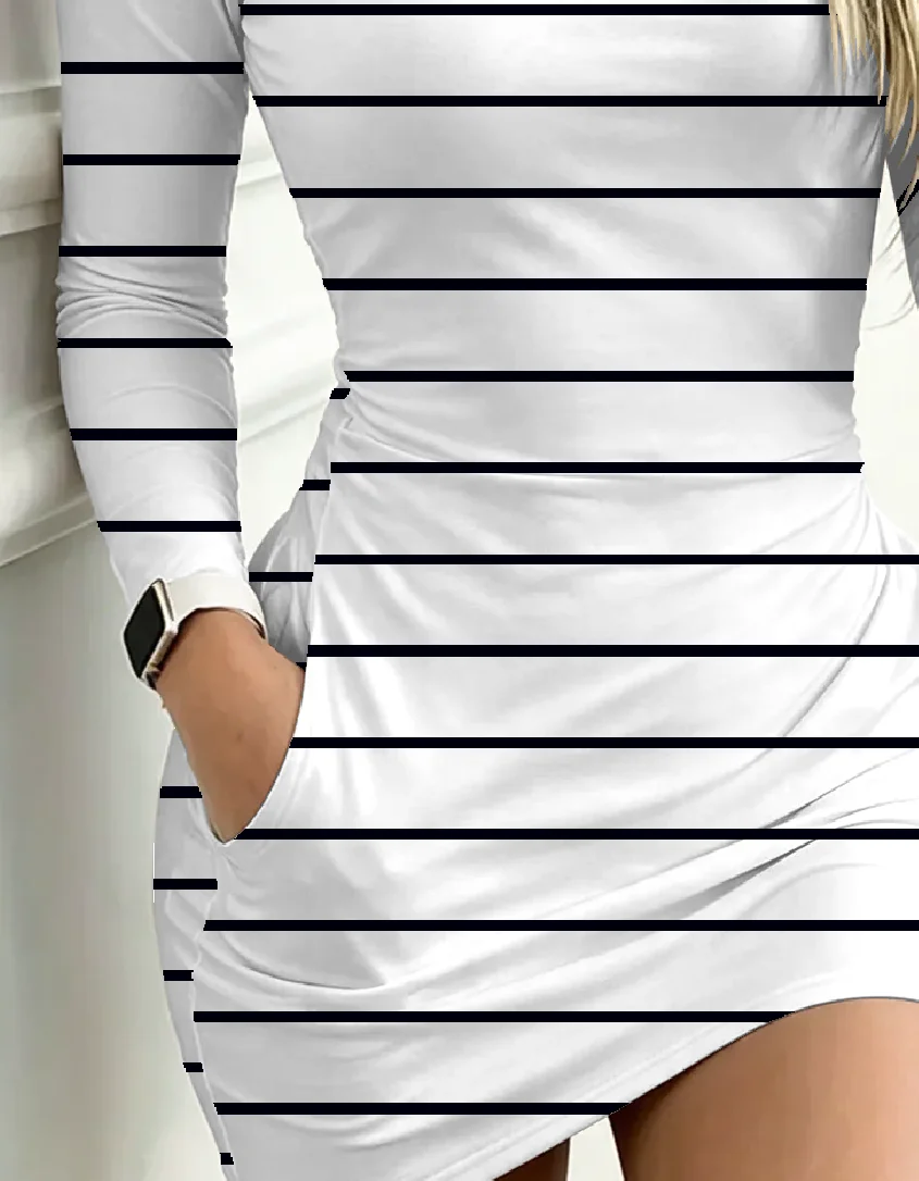 Gestreiftes Damenkleid mit Farbblock-Design, lässig, Rundhalsausschnitt, lange Ärmel, mit Taschen, tailliert, Minirocklänge für den Herbst – Detail 5