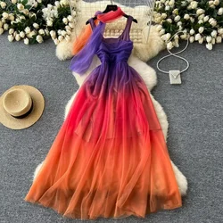 French Elegant Gradient Mesh Pleated Slip Sleeveless  Off Shoulder  Dress Vintage Slim Summer Backless Sweet A-line Dresses