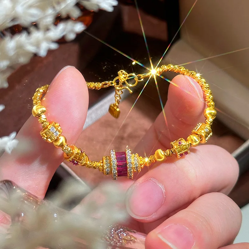 Sand gold light luxury vitage retro fashion flash red diamond Passethrough small pretty waist cat eye bracelet jewelry 9999gold