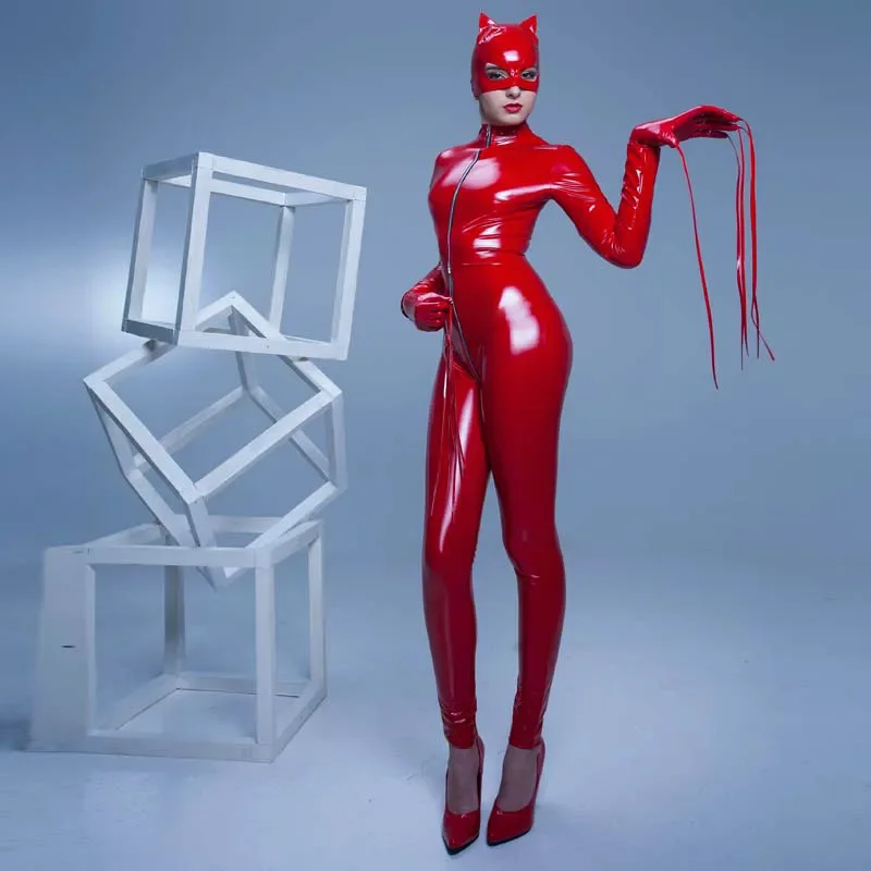 

Red Shiny Wetlook Faux Leather Jumpsuit Zip Open Crotch Pvc Latex Catsuit Zentai Sexy Cat Women Cosplay Bodysuit+Mask+Gloves