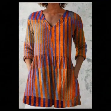 Obrázek 5: Dámská smíšené proužek patchwork šaty v-neck 3/4 rukáv volné tunika posunu šaty černá a bílá geometrické ležérní nejvyšší